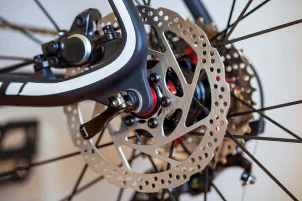 close up shot of the brake rotor on an e-bike