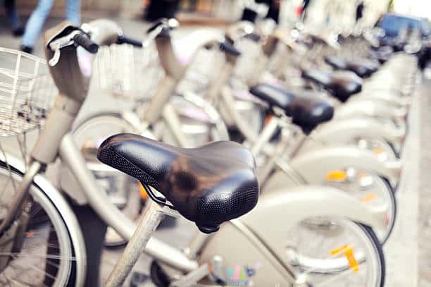 Rows of rental bikes in Ile de la Cite, Paris.